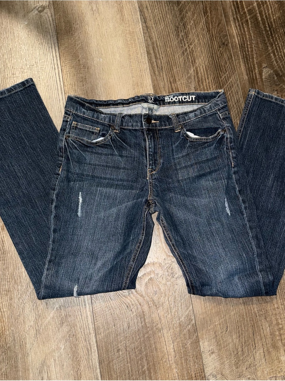 Women’s New York & Co Dark Blue Bootcut Jeans distressed, whisker wash size 10